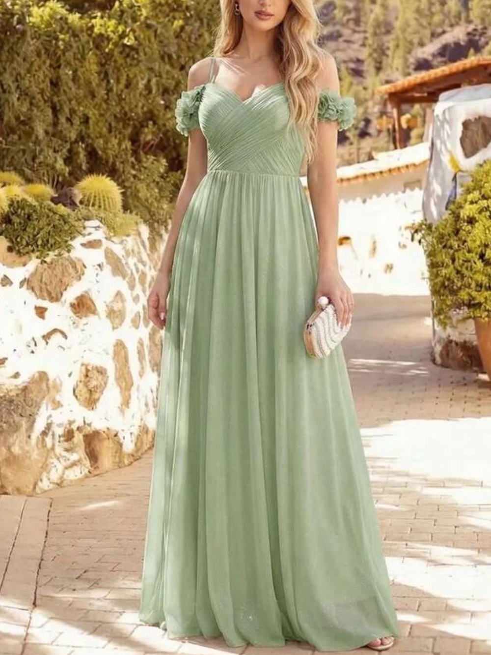 Elegant Sage Green Off-Shoulder Maxi Dress